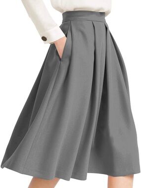 High-Waist Pleated Midi Skirt in Gray